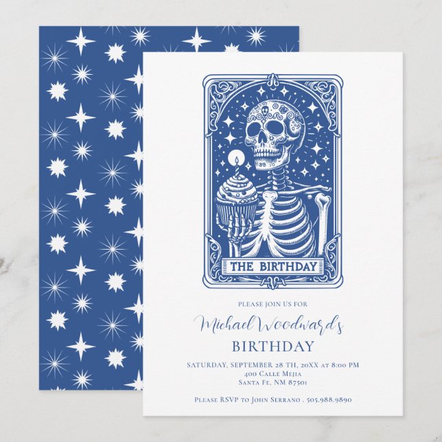 Tarot-Skelett-Blue-Geburtstag Einladung (Vorne/Hinten)