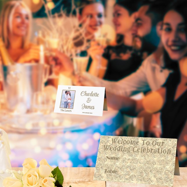 Tarot Wedding Theme | The Lovers Gold Name Foto Platzkarte (Front And Back - In Situ)
