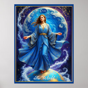 Tarotkarte, die Welt, in Tiefblau Poster