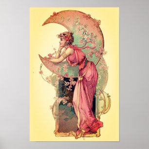 TAROTS / LADY DES MONDS MIT BLUMEN Rosa Gelb Poster