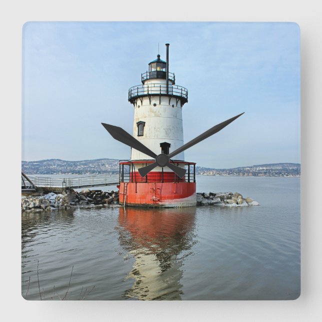 Tarrytown Lighthouse, New York Wall Clock Quadratische Wanduhr (Vorderseite)
