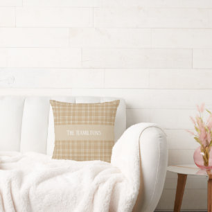Tartan aus Tan, Creme und Weiß mit schottischem Er Kissen