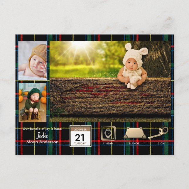 Tartan BABY STATS Ankündigung von FotoCollage Postkarte (Vorderseite)