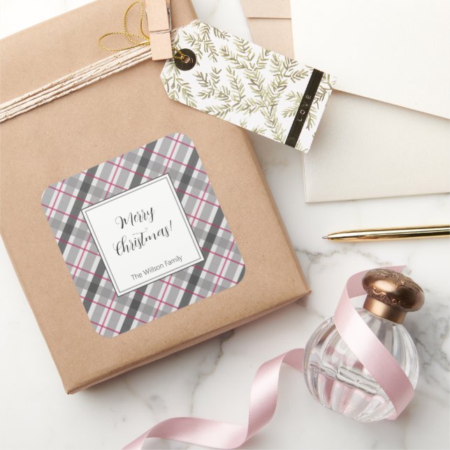 Tartan Balmoral Black Gray Burgundy Mit Monogramm Quadratischer Aufkleber (Schenken)