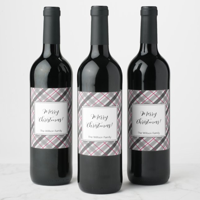 Tartan Balmoral Black Gray Burgundy Mit Monogramm Weinetikett (Flaschen)