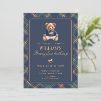 Tartan-Bär Teddy Navy Plaid 1. Geburtstag Einladung
