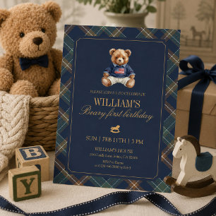 Tartan-Bär Teddy Navy Plaid 1. Geburtstag Einladung