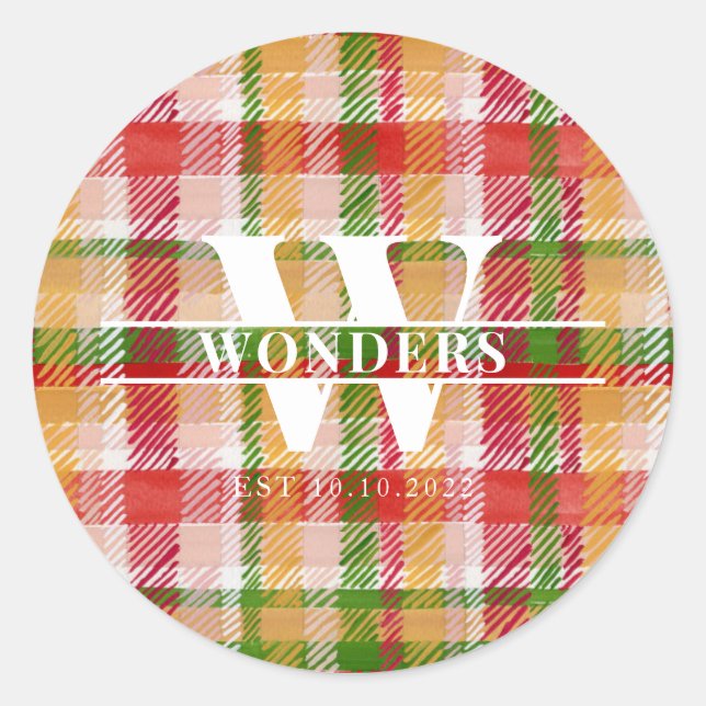 Tartan Basics Karomuster Monogramm Runder Aufkleber (Vorderseite)