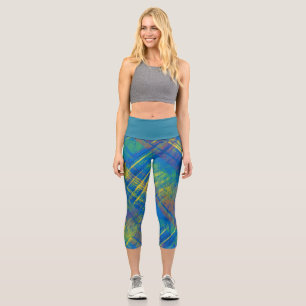 Tartan Blue Green Yellow Kariert Aquamarine Waistb Capri Leggings