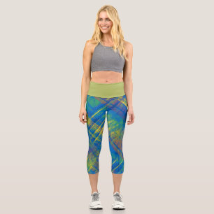 Tartan Blue Green Yellow Kariert Olive Waistband Capri Leggings