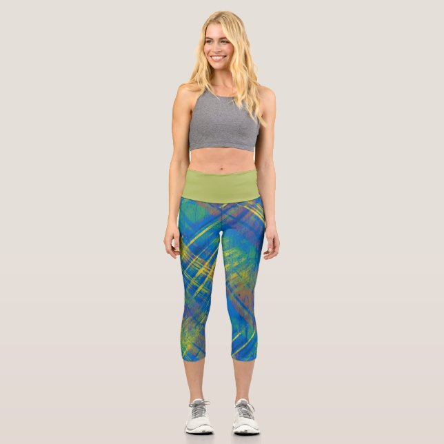 Tartan Blue Green Yellow Kariert Olive Waistband Capri Leggings (Vorderseite)