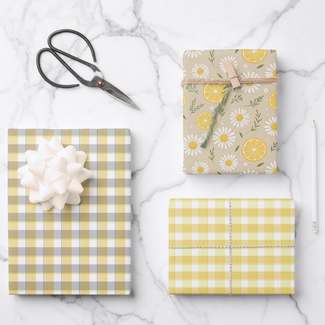 Tartan daisy lemon yellow beige set wrapping paper geschenkpapier set (Vorderseite)