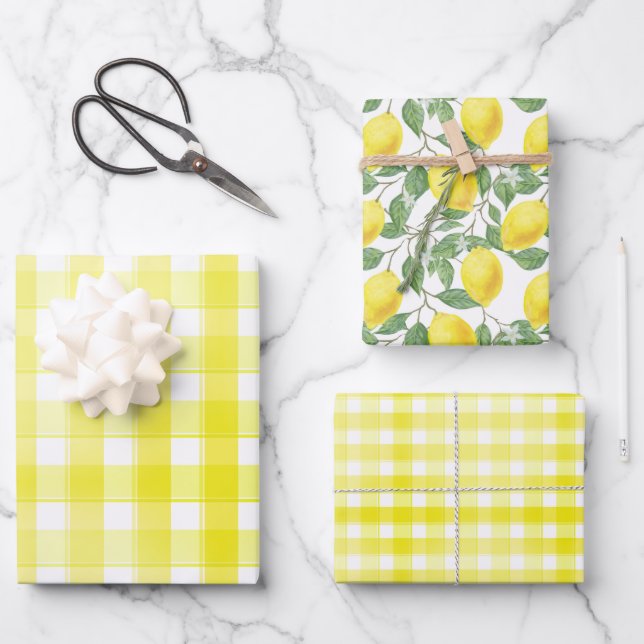 Tartan daisy lemon yellow green set wrapping paper geschenkpapier set (Vorderseite)