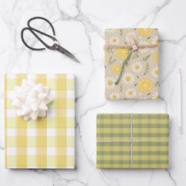 Tartan daisy lemon yellow green set wrapping paper geschenkpapier set