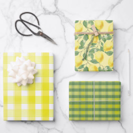 Tartan daisy lemon yellow green set wrapping paper geschenkpapier set