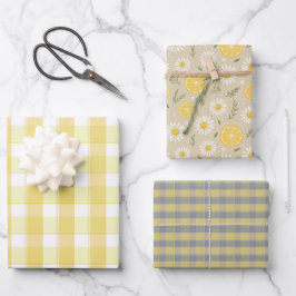 Tartan daisy lemon yellow grey set wrapping paper geschenkpapier set