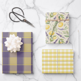 Tartan daisy lemon yellow lavender wrapping paper geschenkpapier set