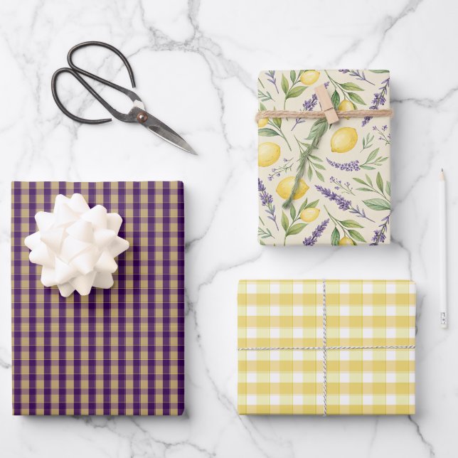 Tartan daisy lemon yellow purple wrapping paper geschenkpapier set (Vorderseite)
