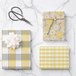 Tartan-Daisy-Limonengelb-Beige-Set Geschenkpapier