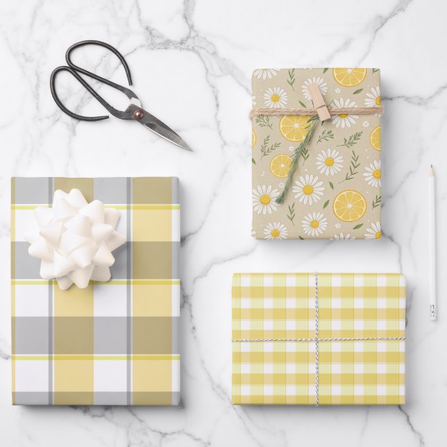 Tartan-Daisy-Limonengelb-Beige-Set Geschenkpapier (Vorderseite)