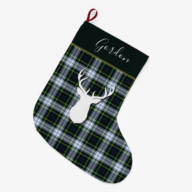 Tartan Deer Kariert Clan Gordon Deer Custom Großer Weihnachtsstrumpf (Vorderansicht (hängend))