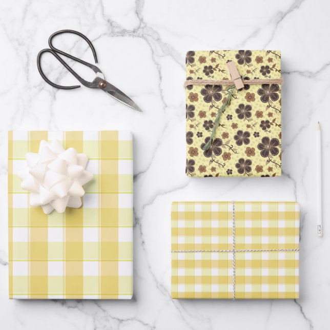 Tartan flower yellow brown set wrapping paper geschenkpapier set (Vorderseite)