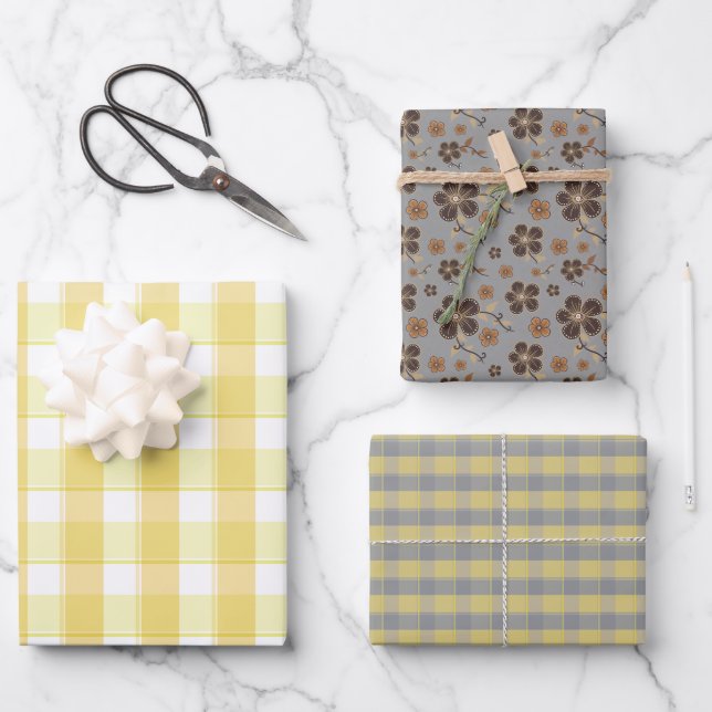 Tartan flower yellow grey set wrapping paper geschenkpapier set (Vorderseite)