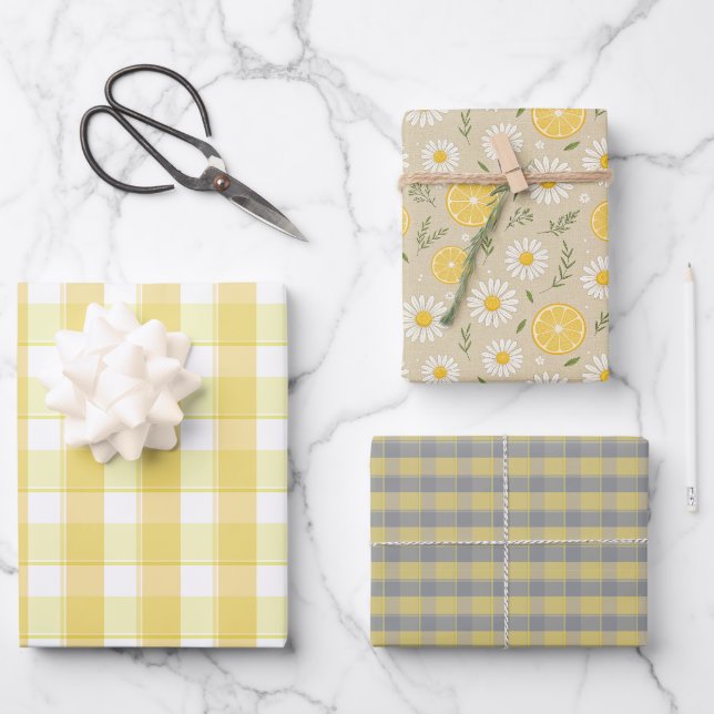Tartan Gänseblümchen Zitronengelb Grau Geschenkpap Geschenkpapier Set (Vorderseite)