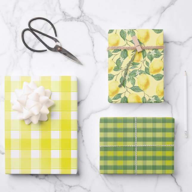 Tartan Gänseblümchen Zitronengelb Grün Geschenkpap Geschenkpapier Set (Vorderseite)
