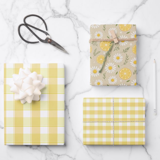 Tartan Gänseblümchen Zitronengelb Set Geschenkpapi Geschenkpapier Set (Vorderseite)