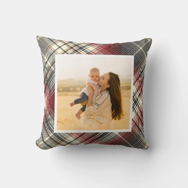 Tartan Gray Red Foto Kissen (Vorderseite)