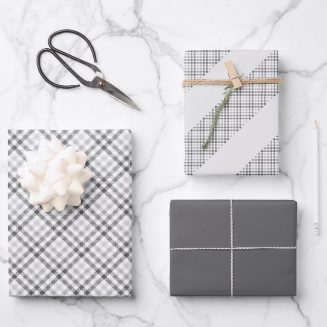 Tartan Gray White Pattern Elegant Geschenkpapier Set (Vorderseite)