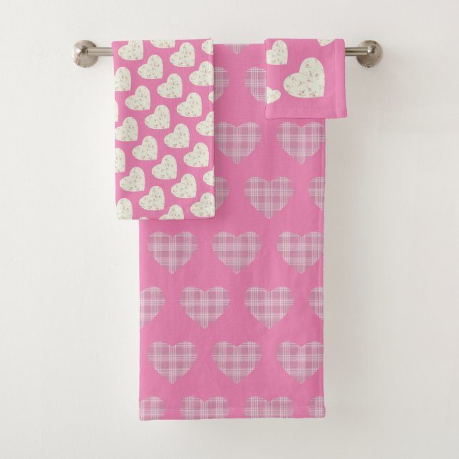 Tartan Hearts Blume Rosa Grau Badhandtuch Set (Insitu)