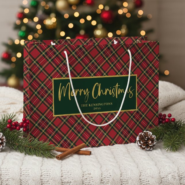 Tartan Kariert Gold Script Frohe Weihnachten Große Geschenktüte (Tartan Plaid Gold Script Merry Christmas Large Gift Bag)