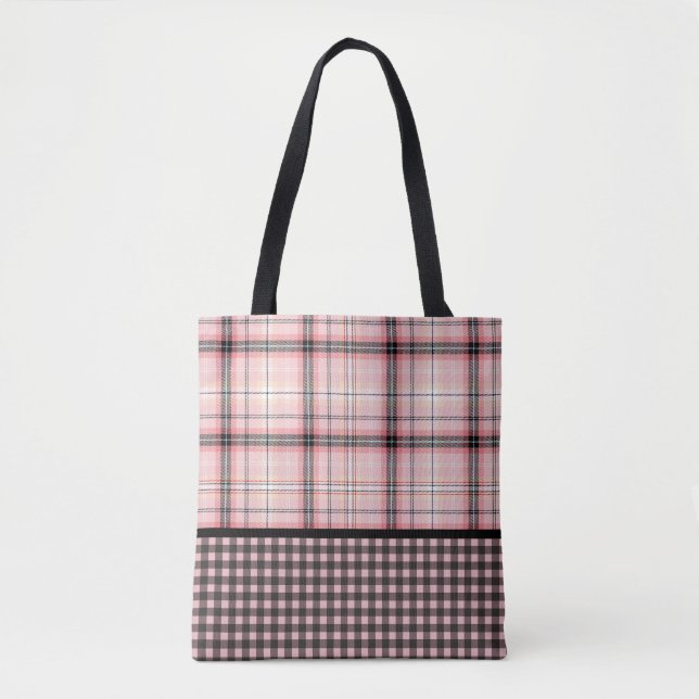 Tartan Kariert in Rosa, Pfirsich, Schwarz und Weiß Tasche (Vorderseite)