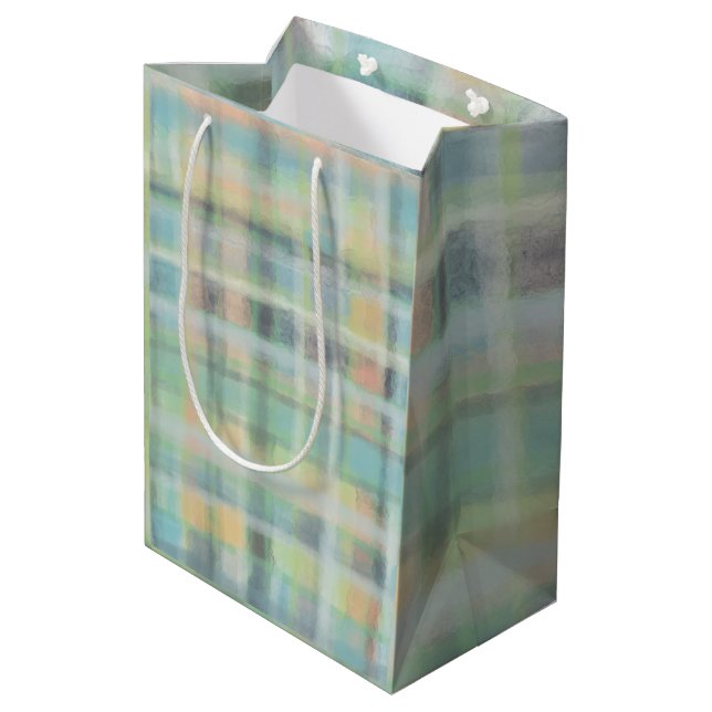 Tartan kariert, modern pastellgelb, cyan, grau mittlere geschenktüte (Rückseite Schrägansicht)