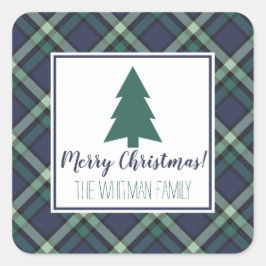 Tartan Karierte Weihnachten, Marine und Grüne Feie Quadratischer Aufkleber