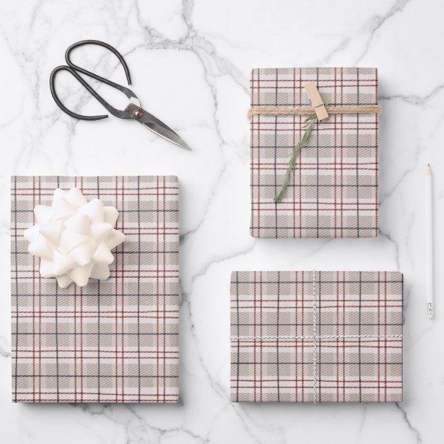 Tartan Kariertes Handgezeichnetes Beige Streifen M Geschenkpapier Set (Vorderseite)