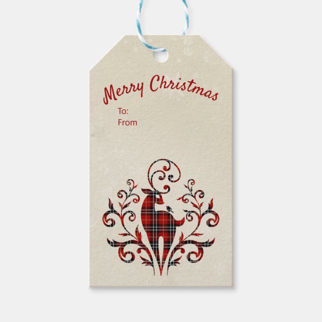 Tartan Kariertes Hirsch über Snowflake Design Geschenkanhänger (Vorderseite)