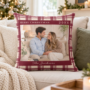 Tartan Karo Burgund Rot Creme Foto Weihnachten Kissen