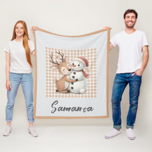 Tartan-Karo-Rentier-Schneemann orange beige Name Fleecedecke