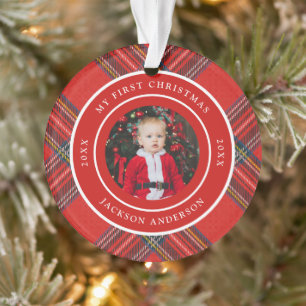 Tartan Karo Rot   Mein erstes Weihnachtsfoto Ornament