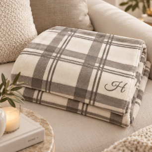 Tartan Karo Taupe Creme Monogrammiert Fleecedecke