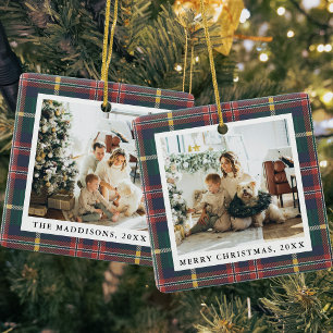 Tartan-Karo-Weihnachtsmuster Familienfotos Keramikornament
