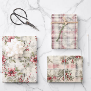 Tartan Karo Weihnachtsstern Beeren Weihnachten Geschenkpapier Set