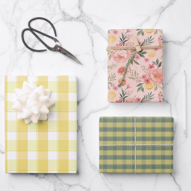 Tartan lemon yellow peach green set wrapping paper geschenkpapier set (Vorderseite)