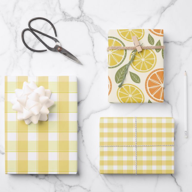 Tartan lemonengelb gestreiftes Geschenkpapier (Vorderseite)
