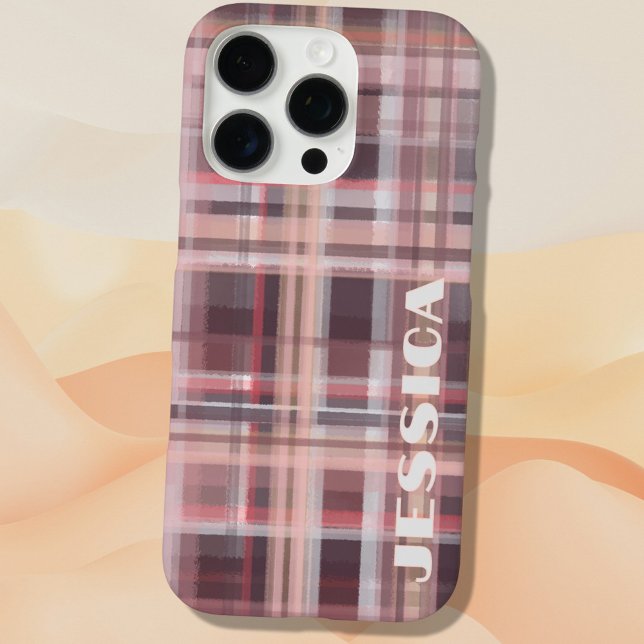 Tartan Monogram Burgundy Red Blush Pink Stripes  iPhone 16 Pro Hülle (Von Creator hochgeladen)