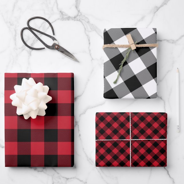 Tartan Muster Rot Schwarz-weiß Elegant Klassisch Geschenkpapier Set (Vorderseite)