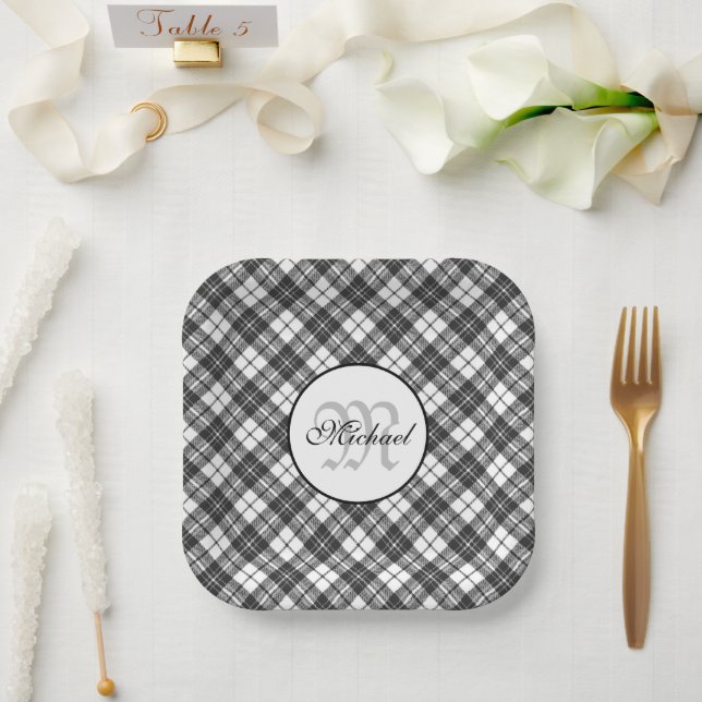 Tartan-Muster Weihnachten schwarz weiß Monogramm Pappteller (Hochzeit)